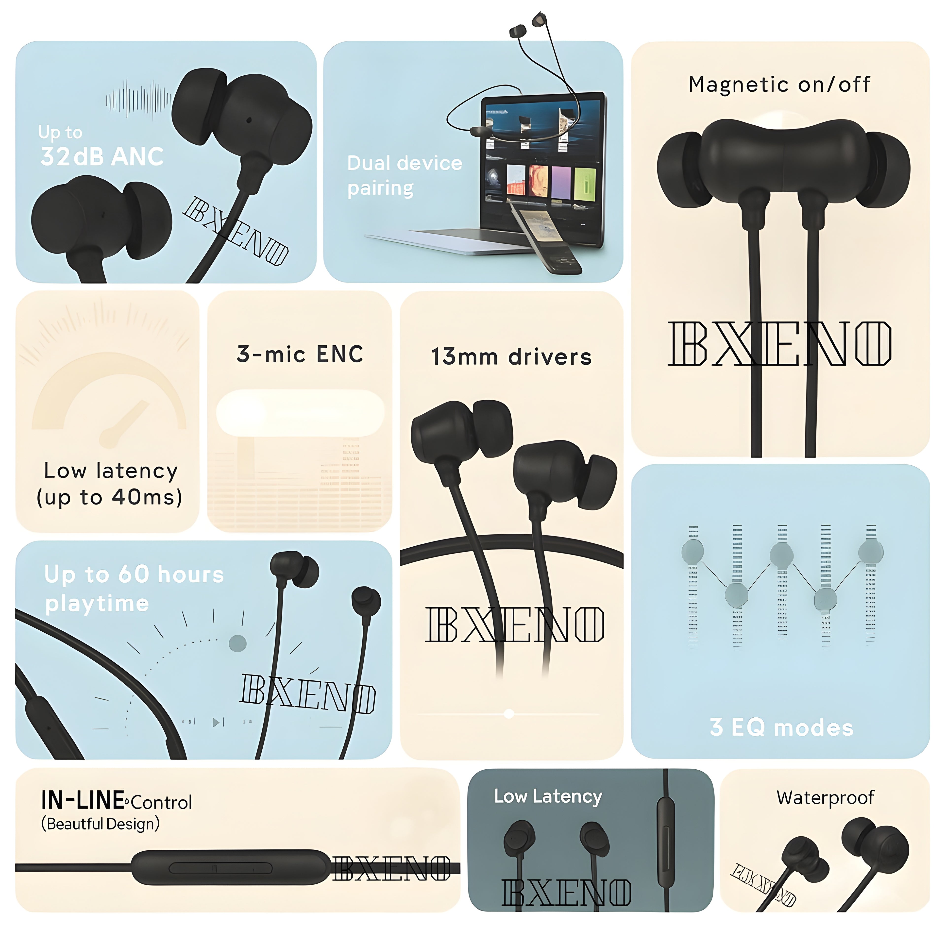 BXENO Buds Wireless 5 Lite MAGNETIC POWER OFF/ON 48Hr Neckband ENC ,Fast Charging Bluetooth Headphone